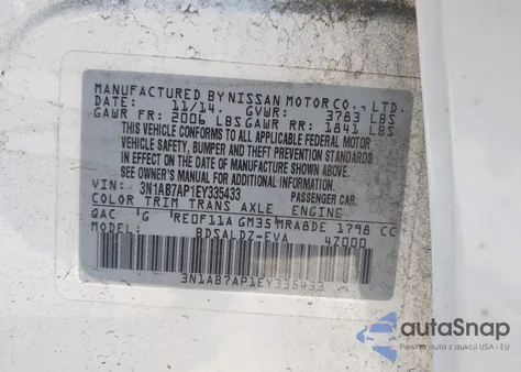 2014 Nissan Sentra Sv z USA, uszkodzony, nr VIN 3N1AB7AP1EY335433